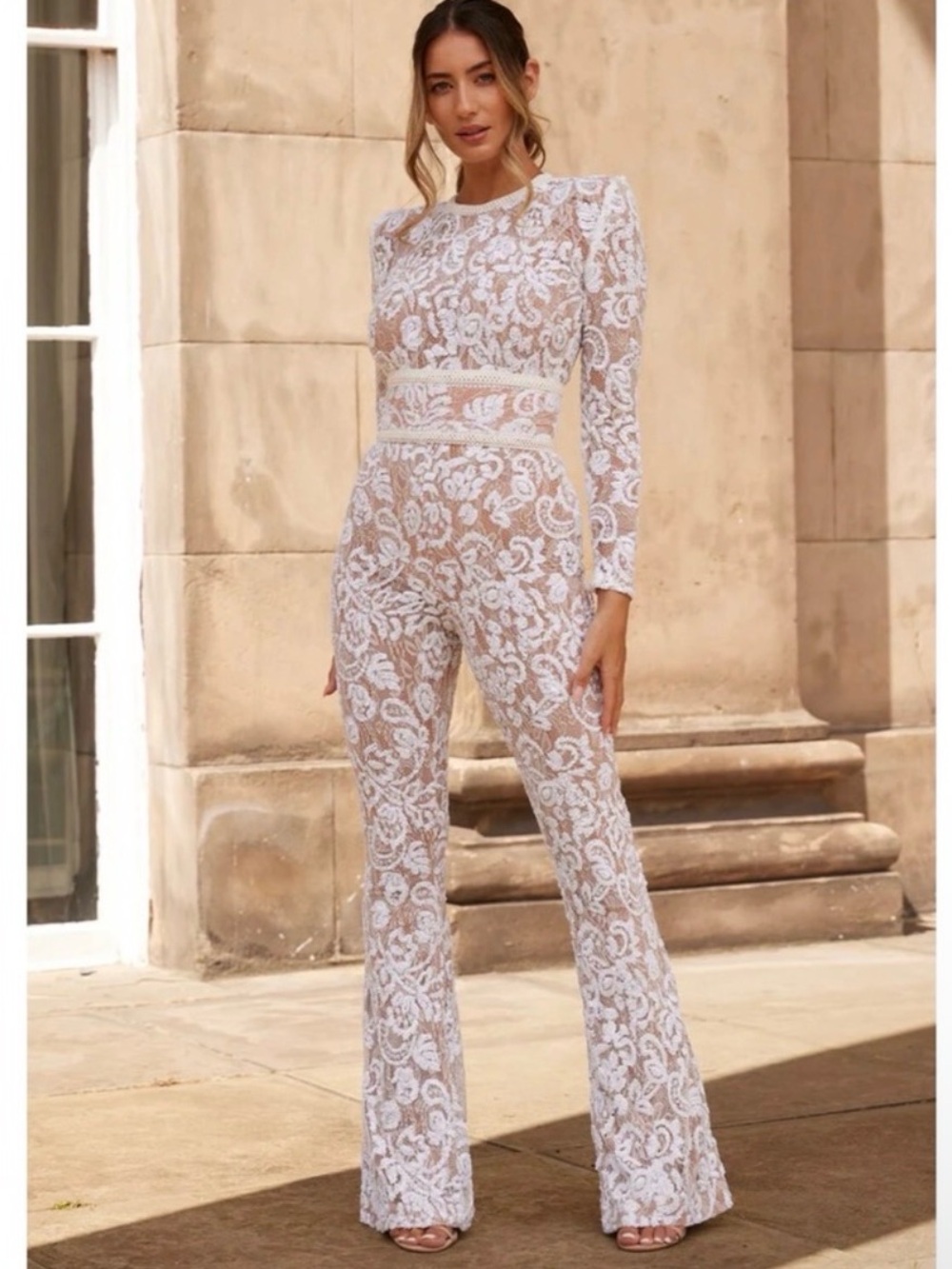 NADINE MERABI Nude and White Long Sleeve Sequin Lace Dress